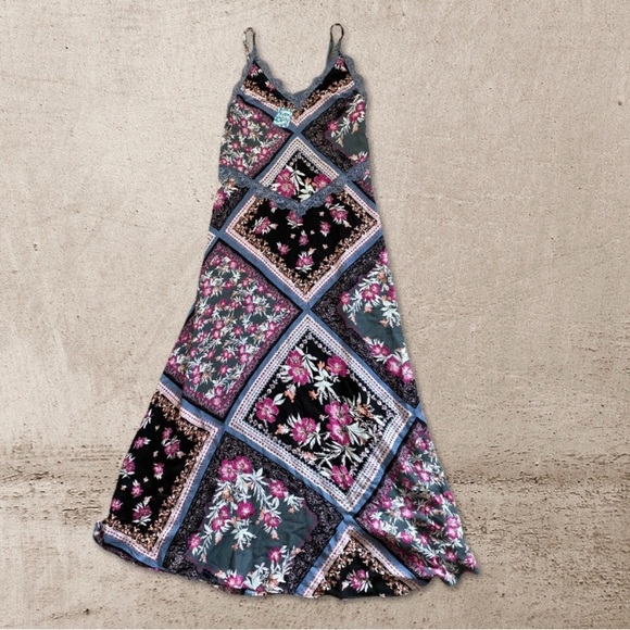 Free People Boho Bohemian Eclectic Hippie Graphite Combo Maxi Dress - Picture 9 of 16